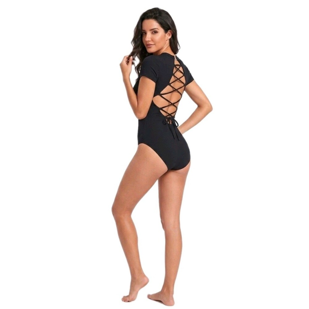 Aja VTG Bodycon Crisscross Lace Up Cutout Short Sleeve Leotard Black Size AM